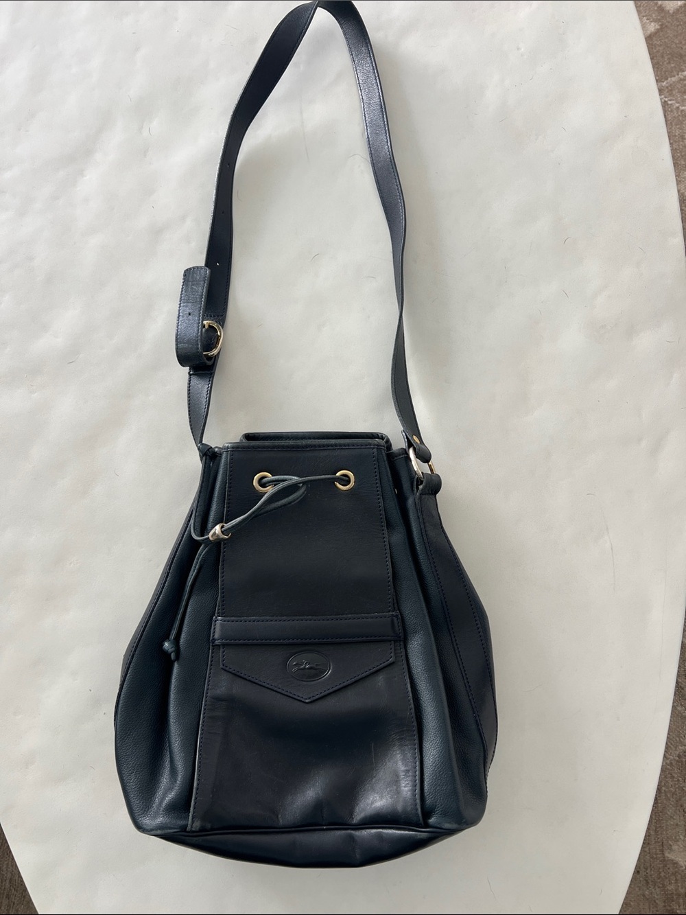 Longchamp Vintage Dark Blue Leather Single Strap Crossbody Bucket Shoulder Bag - Picture 3 of 8